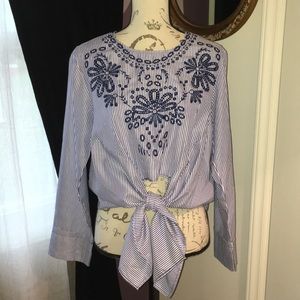 GO FISH EMBROIDERED TIE FRONT BLOUSE